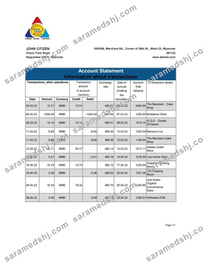 Myanmar Innwa Bank Limited bank statement
